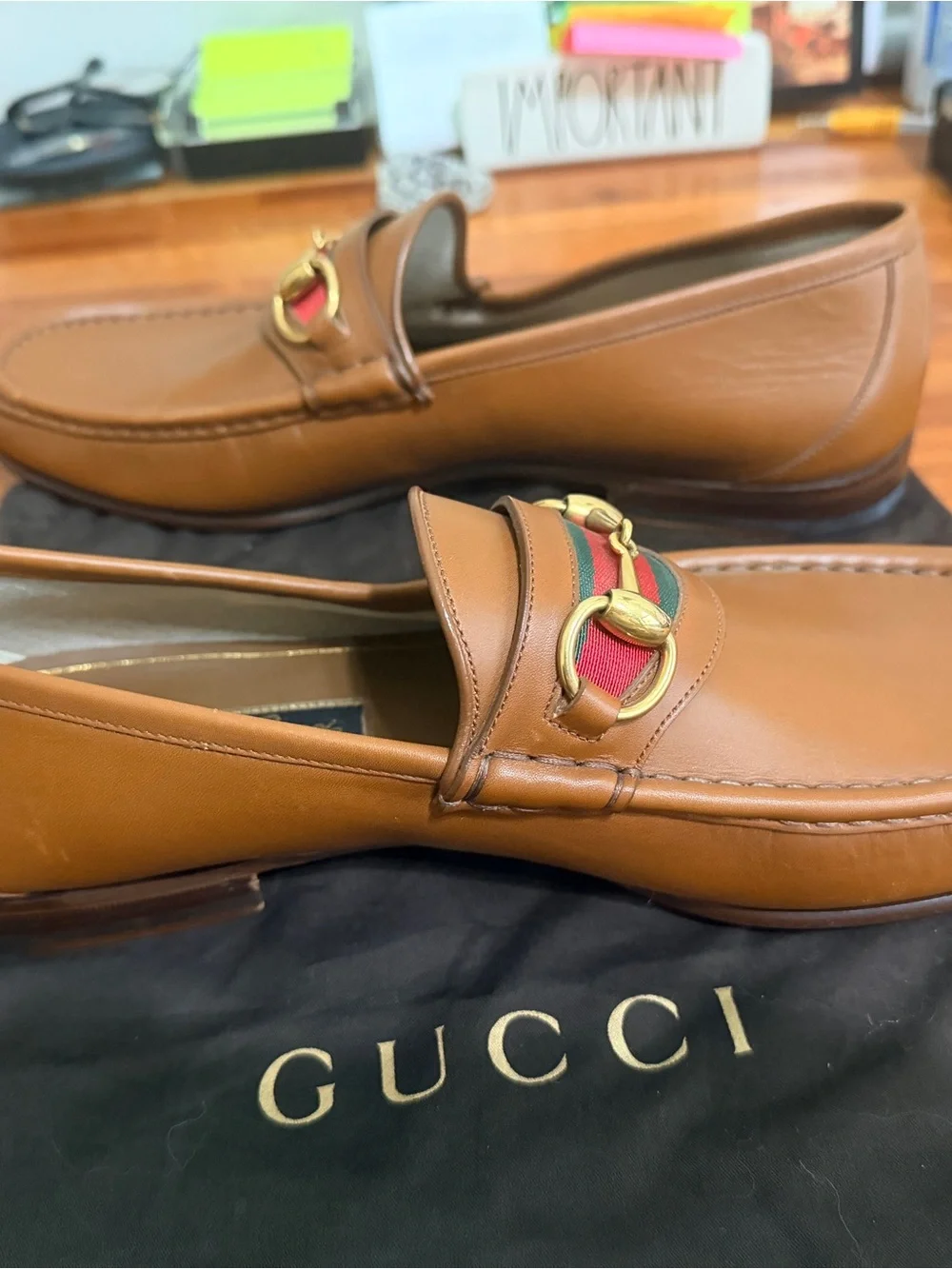 Gucci Tan Leather Como Horsebit Loafers with Green-Red Web
